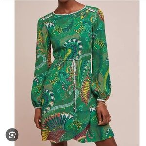 Anthropologie Vibrant Green Paisley Long Sleeve Dress Size 4